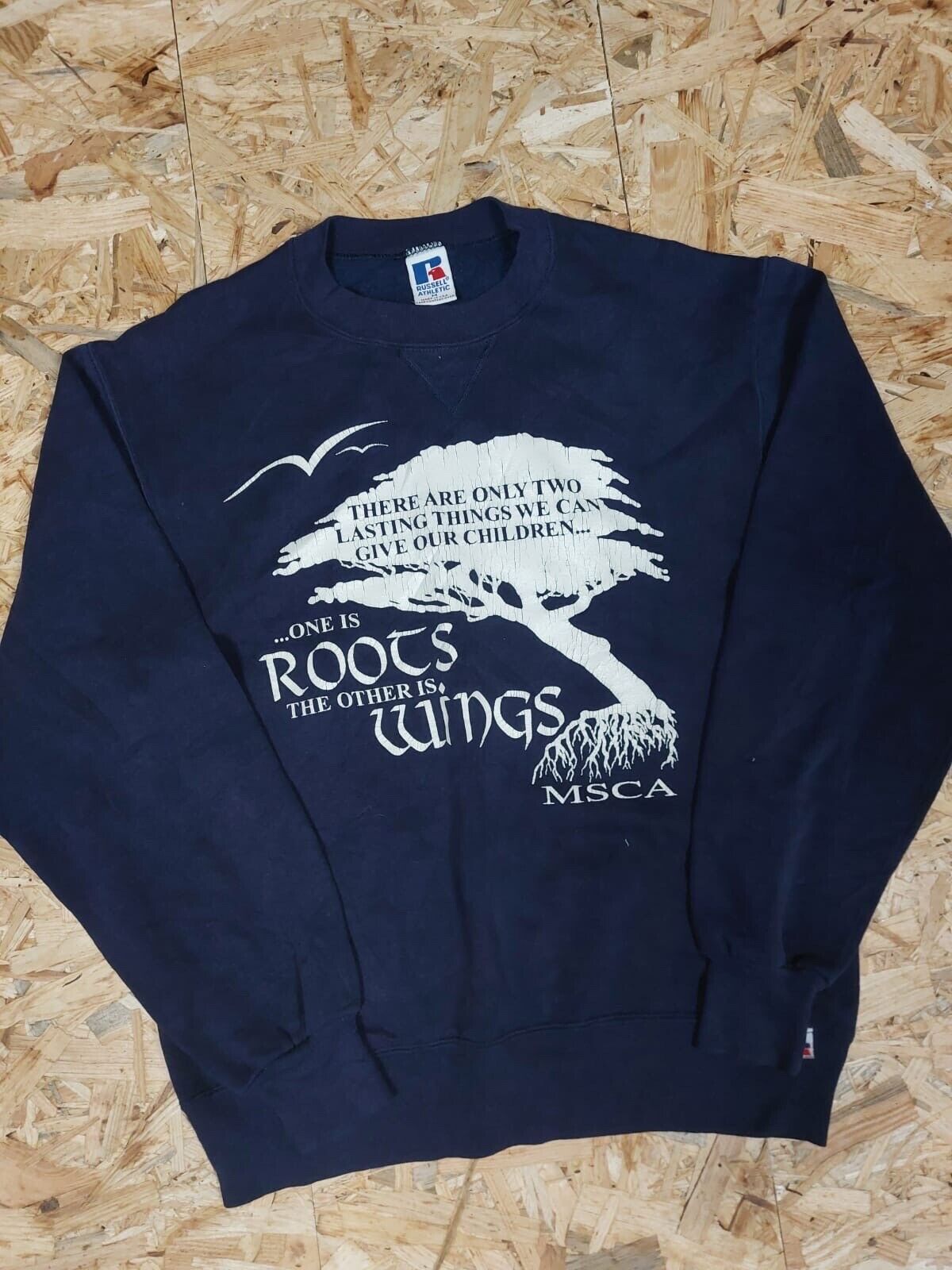 Vintage Graphic print Sz M Blue sweatshirt Russell MSCA quote 90s retro