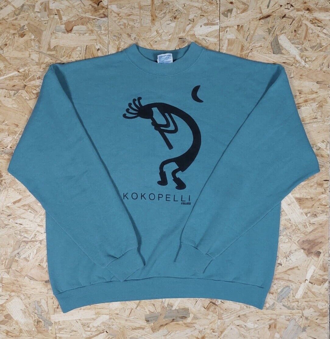 Vintage HANES Graphic print Sz 2XL Teal Blue Sweatshirt 90s retro KOKOPELLI