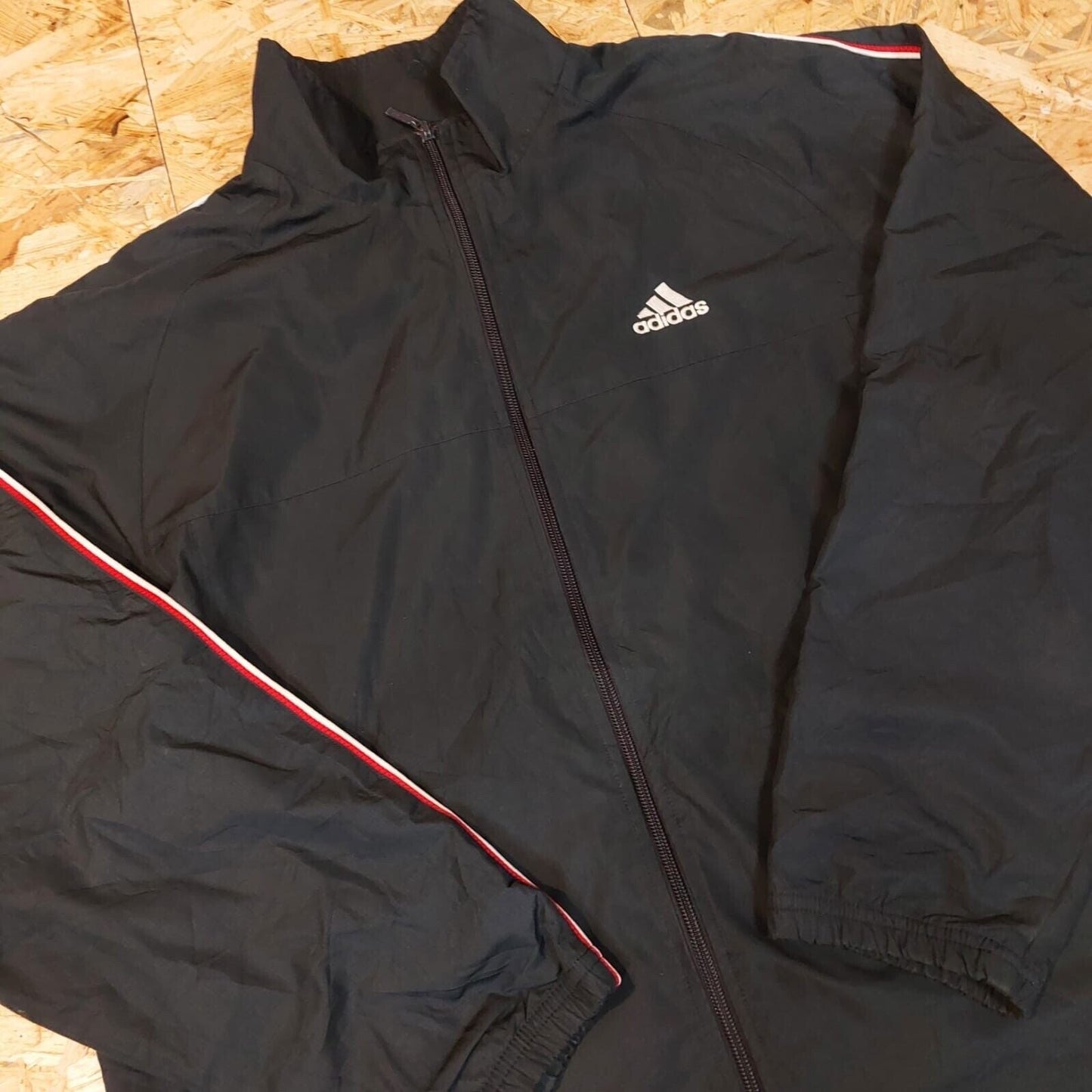 Vintage Adidas Sz S Windbreaker Tracksuit Jacket Black 90s Retro Red Stripe - WhiteHorse Vintage